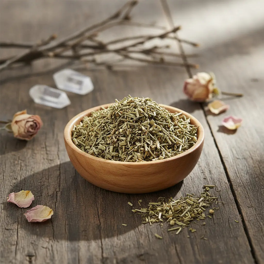 Coupelle en bois remplie de fumeterre séchée vert gris en copeaux sur table en bois avec cristaux et roses séchées.