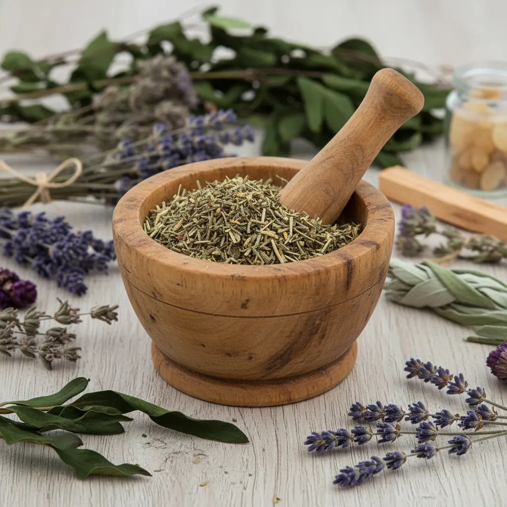 Mortier en bois rempli de fumeterre séchée vert gris en copeaux, entouré de lavande et plantes sur table claire.