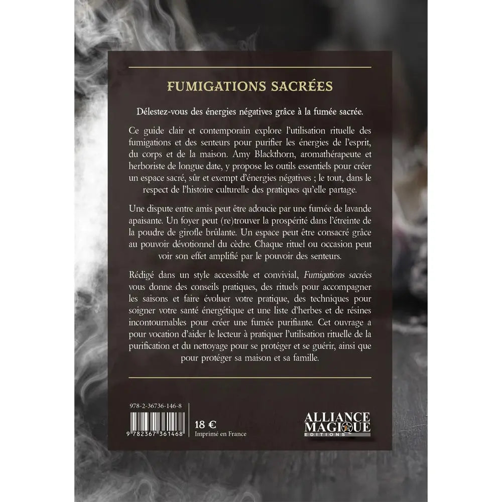 Quatrième de couverture du livre "Fumigations Sacrées" avec résumé complet, prix et code ISBN.
