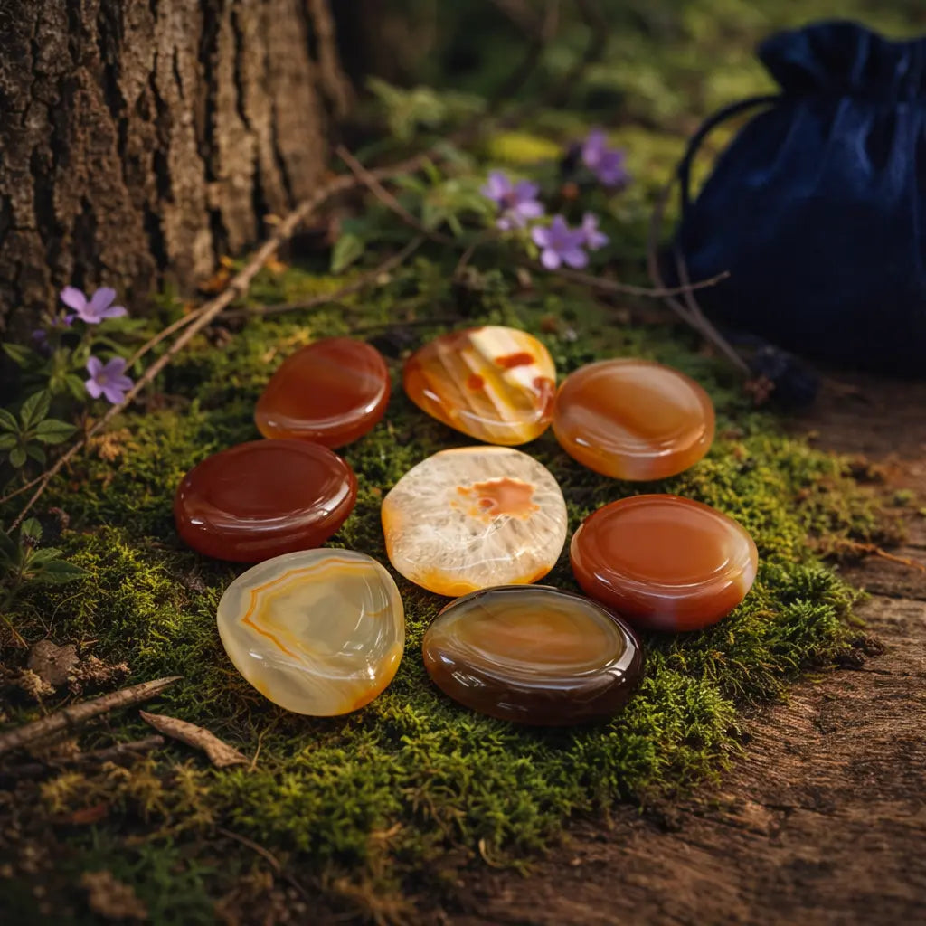 Ensemble de galets plats en agate cornaline aux nuances chaudes, du orange translucide au rouge terreux, disposés en cercle sur de la mousse.