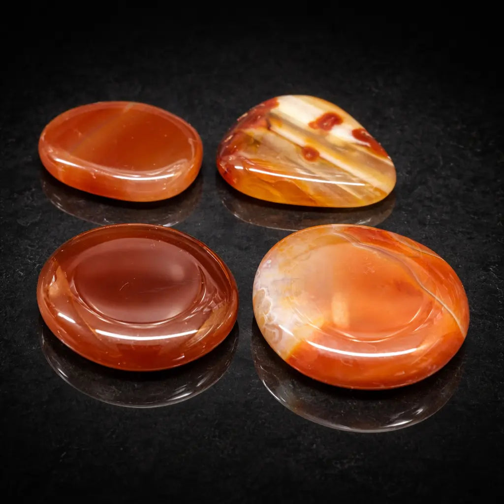 Quatre galets de cornaline polis aux teintes rouge orangé intense, présentant des surfaces lisses et brillantes avec des bandes de couleur naturelles, disposés sur un support noir sombre.