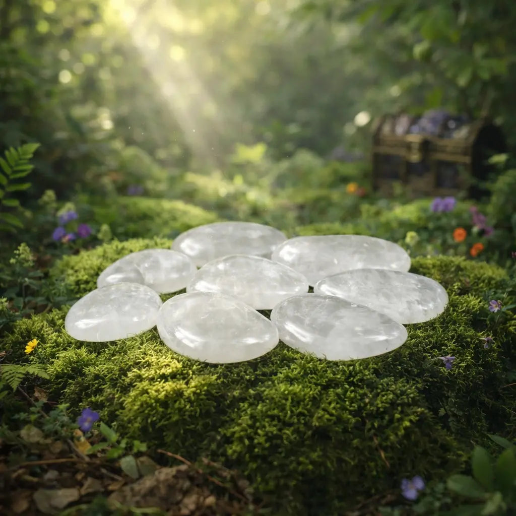 Galets plats de cristal de roche translucides aux reflets givrés, disposés en cercle sur de la mousse forestière parsemée de petites fleurs sous une lumière sacrée.