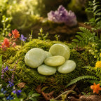 Galets plats de jade d'un vert céladon doux et poli, disposés sur de la mousse forestière lumineuse avec des fleurs printanières en arrière-plan.