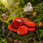 Galets plats de jaspe rouge d'un rouge brique profond avec des veines naturelles, posés sur de la mousse forestière sous une lumière solaire vive.