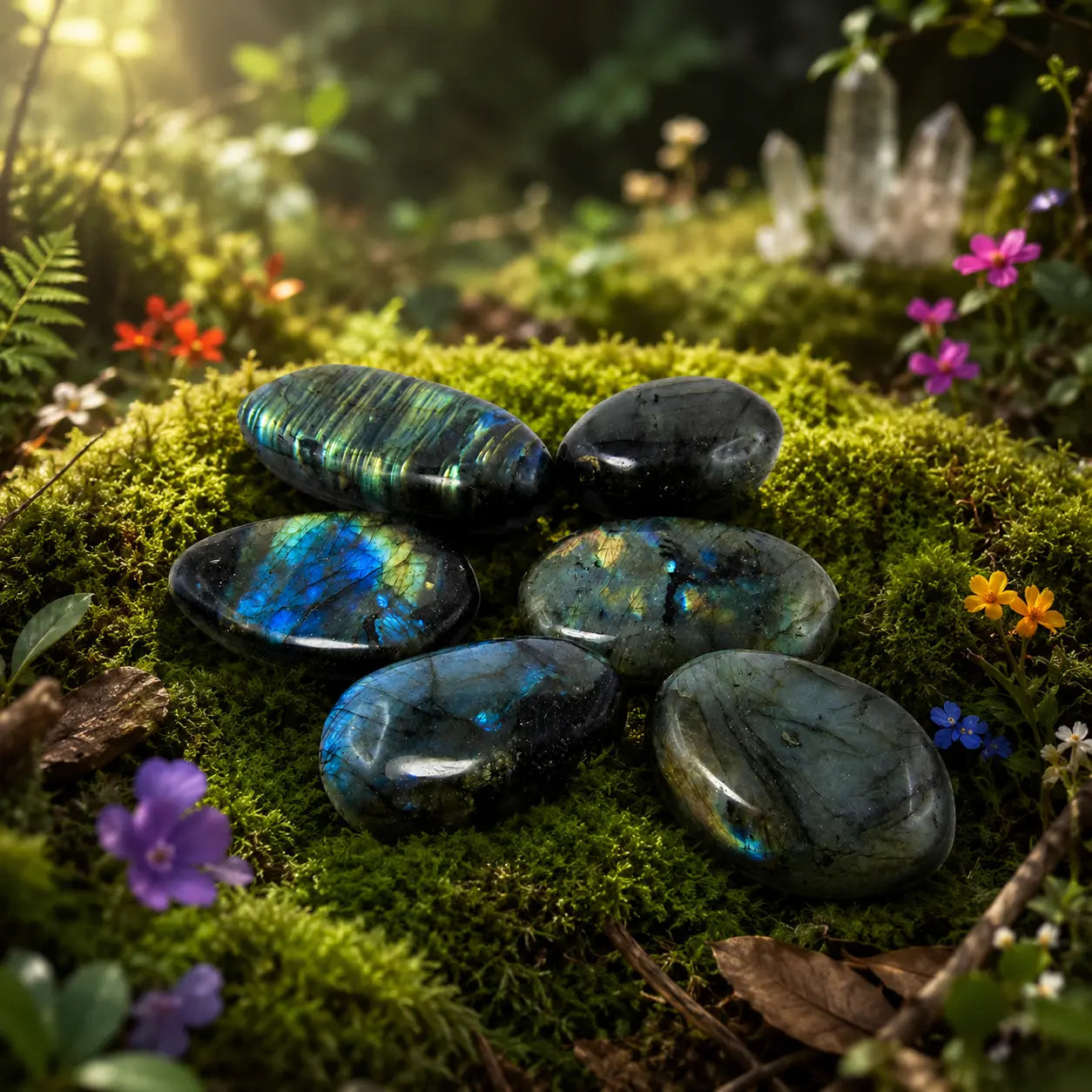 Galets de labradorite polie aux reflets métalliques bleus, verts et dorés, disposés sur de la mousse forestière humide sous une lumière féerique.