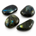 Labradorite - Galet Plat, illustré par quatre galets polis aux formes douces et aplaties, révélant des éclats irisés distincts allant du bleu électrique au vert et au jaune doré.