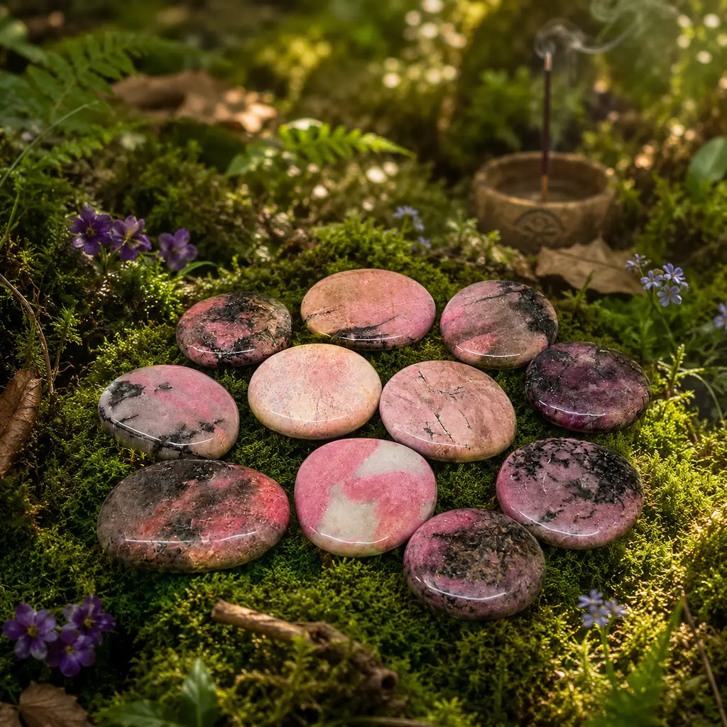 Galets plats de rhodonite de qualité extra aux nuances roses et inclusions noires de manganèse, disposés sur de la mousse forestière humide avec un encensoir en arrière-plan.