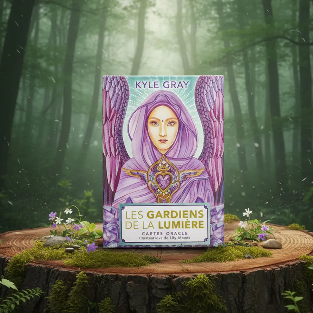 Coffret Les Gardiens de la Lumière - Cartes Oracle de Kyle Gray posé sur une souche, illustré d'un personnage divin rayonnant de lumière dorée.