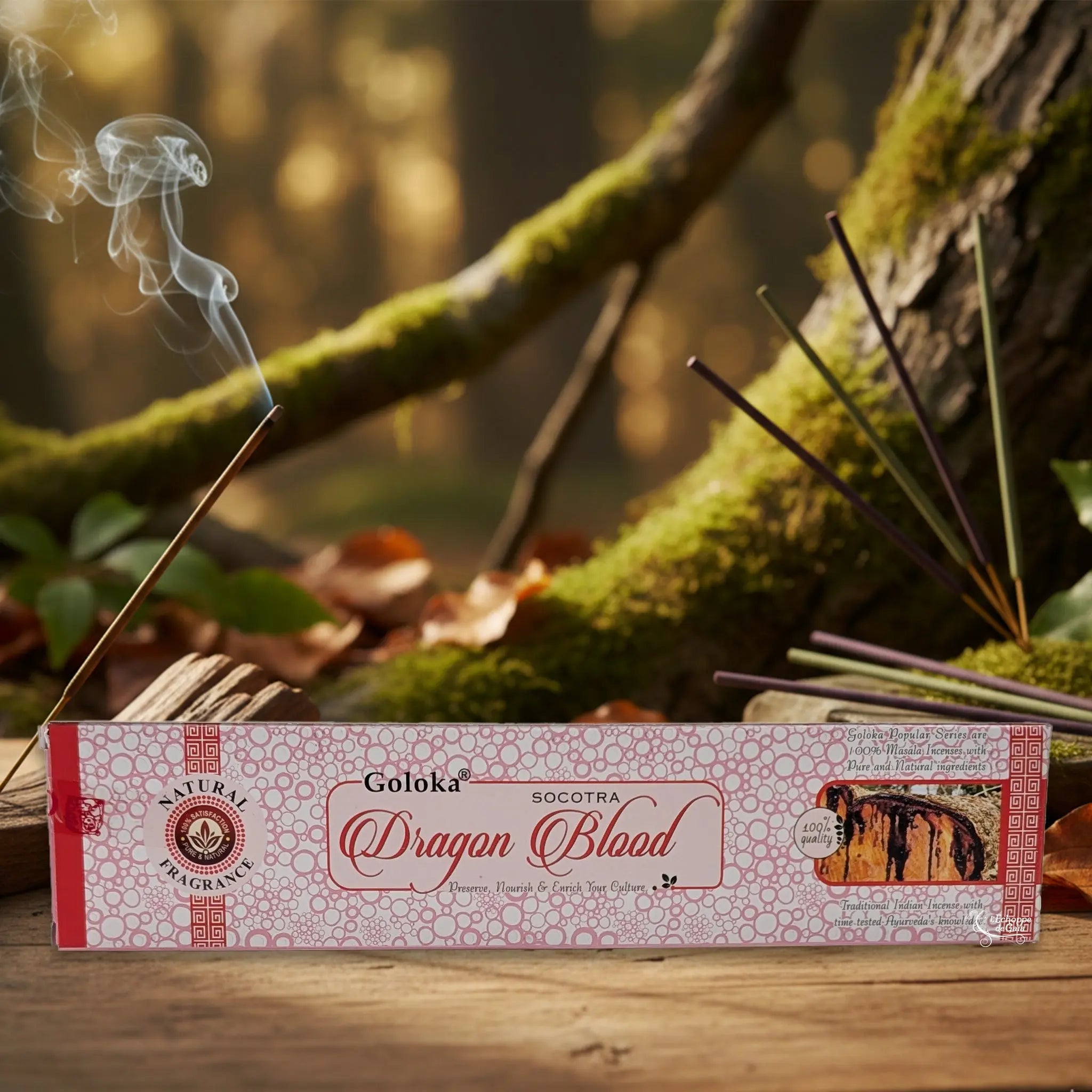 Boîte d’encens « Dragon Blood » Goloka posée sur une table en forêt, entourée de bâtonnets d’encens fumants.