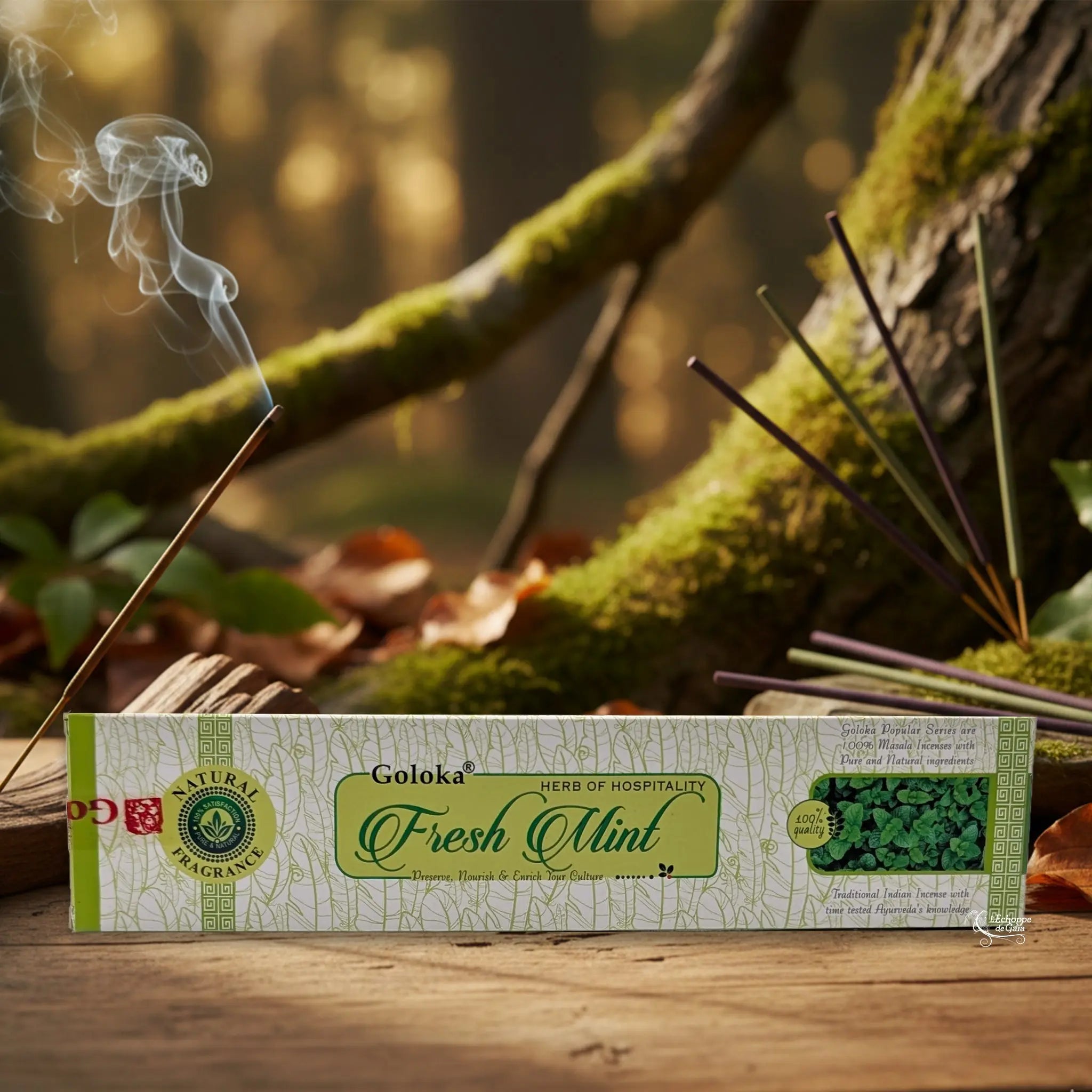 Boîte d’encens Goloka « Fresh Mint » posée sur une table en bois, avec un bâtonnet allumé et de la fumée, sur fond de forêt moussue.