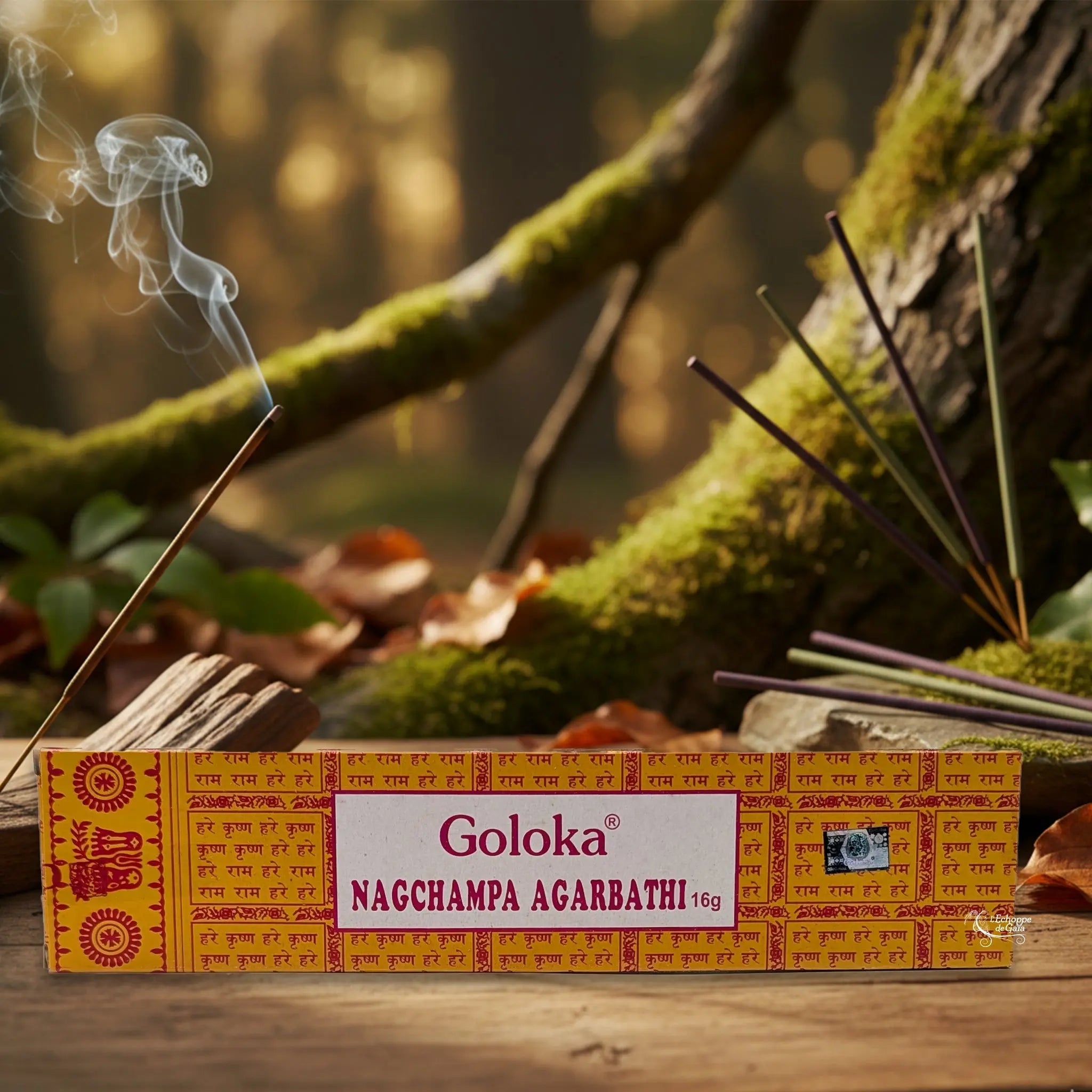Boîte d’encens « Nagchampa Agarbathi » Goloka posée sur une table en forêt, entourée de bâtonnets d’encens fumants.