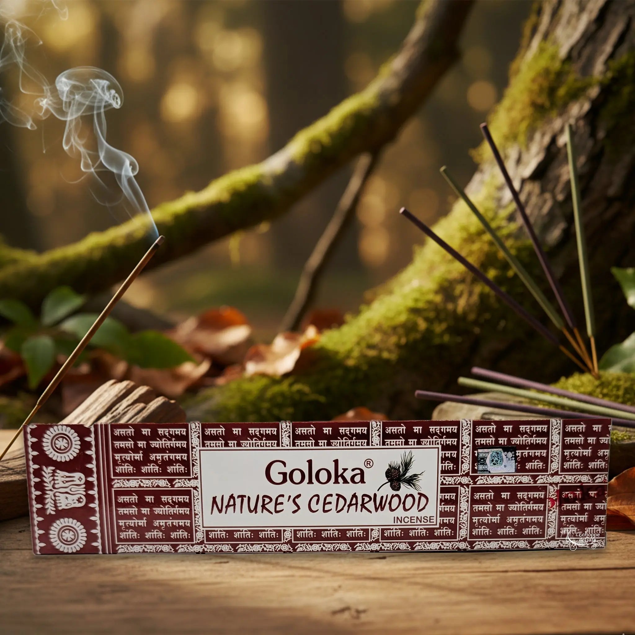 Boîte d’encens « Nature’s Cedarwood » Goloka posée sur une table en forêt, entourée de bâtonnets d’encens fumants.