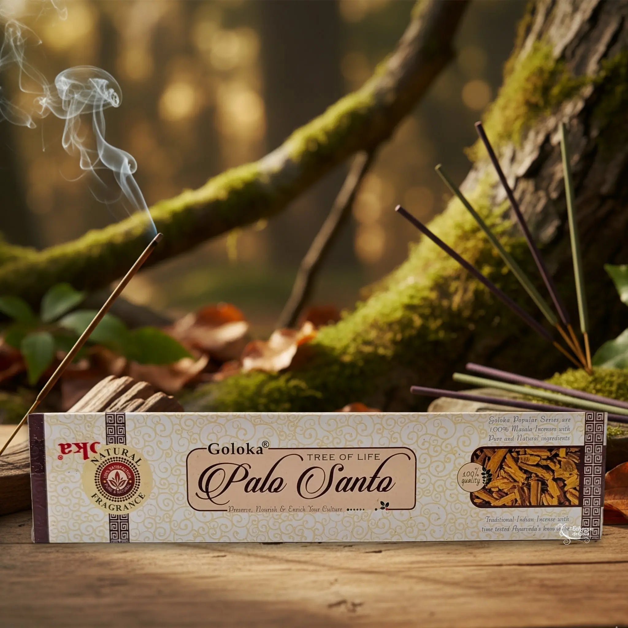 Boîte d’encens Goloka « Palo Santo » posée sur une table en bois, avec un bâtonnet allumé et de la fumée, sur fond de forêt moussue.