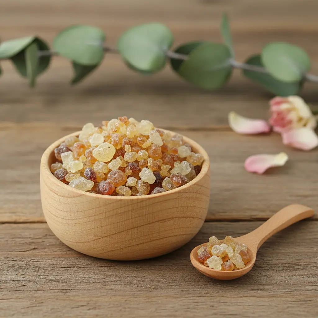 Encens en grains de gomme arabique ambrés dans une coupelle en bois avec petite cuillère sur table en bois.