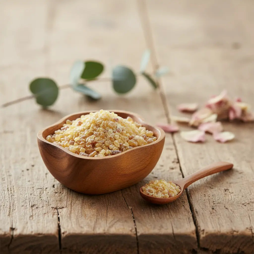 Grains de gomme de résine d'Élémi, de couleur jaune-ambre, dans un bol en bois clair avec une cuillère, sur une planche de bois rustique.