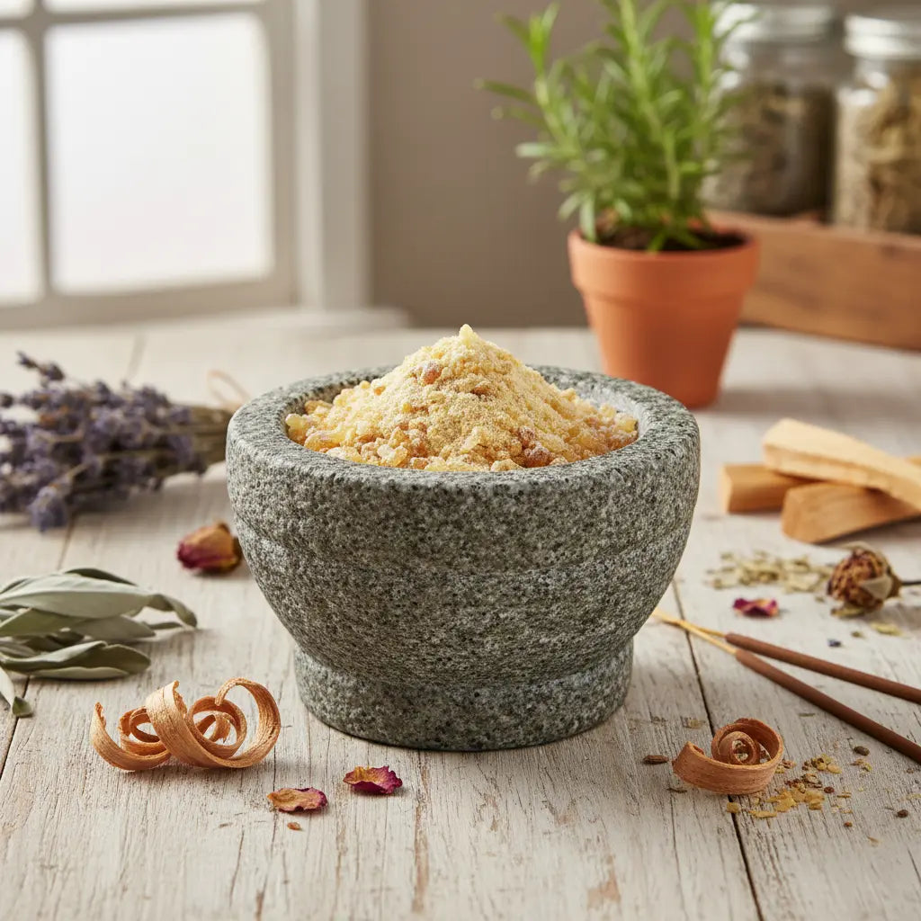 Grains de résine de Gomme d'Élémi (ambre clair) dans un mortier en granit gris, entouré de brins de sauge, de copeaux de bois et de bâtonnets d'encens sur une table rustique.