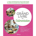 Le Grand Livre de l'alimentation du Dr Laurence Plumey, illustré par un fond fuchsia arborant un grand macaron blanc pour le titre et deux médaillons circulaires montrant des aliments sains et un repas partagé.