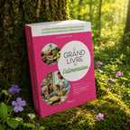 Livre Le Grand Livre de l'Alimentation sur mousse sacrée au pied d'un arbre, entouré de fleurs violettes sous des rayons de soleil magiques.