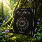 Livre Le Grand Livre des 12 Libérations Energétiques sur mousse sacrée au pied d'un arbre, entouré de fleurs violettes sous des rayons de soleil magiques.