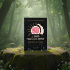 Coffret Le Grand Oracle de l'Amour - Coffret Noir Trajectoire posé sur une souche, illustré d'une rose rose au centre d'un soleil et d'une lune sur fond noir.