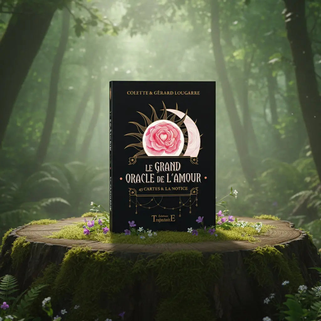 Coffret Le Grand Oracle de l'Amour - Coffret Noir Trajectoire posé sur une souche, illustré d'une rose rose au centre d'un soleil et d'une lune sur fond noir.