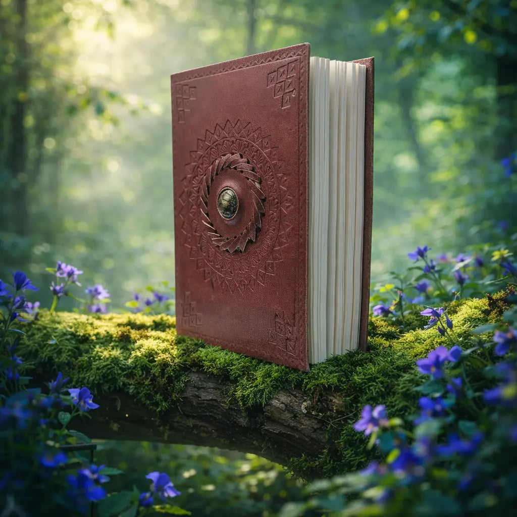 Grimoire en Cuir Artisanal - Oeil de Tigre avec couverture en cuir marron embossé et pierre centrale, posé sur une branche moussue entourée de fleurs violettes en forêt.