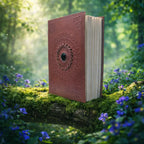 Grimoire en Cuir Artisanal - Onyx Noir avec couverture en cuir marron embossé et pierre noire centrale, posé sur une branche moussue entourée de fleurs violettes.