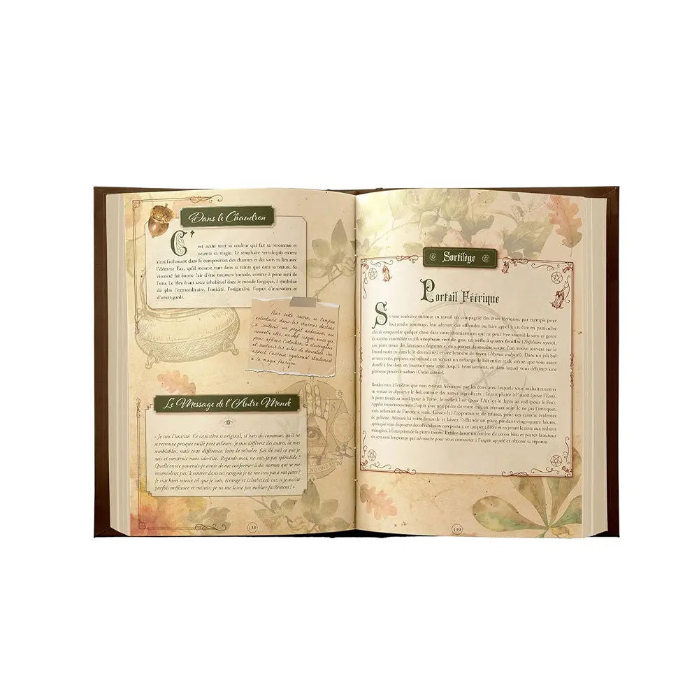Double page extraite du Grimoire de Magie Forestière illustrée sur un fond parcheminé décoré de feuilles d'automne. Elle propose les rubriques "Dans le Chaudron" et "Le Message de l'Autre Monde" sur la page de gauche, ainsi qu'un sortilège intitulé "Portail Féérique" sur celle de droite.