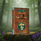 Livre imitation cuir ancien Grimoire de Magie Forestière - Tome 1, Les Champignons de Lyra Ceoltoir posé sur une souche, orné d'un chaudron et de dorures.