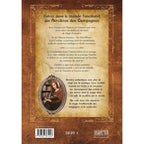 Dos du Grimoire de Magie Forestière sur fond imitation cuir ancien. Le texte présente cet ouvrage comme un véritable traité de magie des campagnes rédigé par Lyra Ceoltóir, dont le portrait figure dans un médaillon.