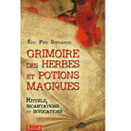 Couverture du Grimoire des herbes et potions magiques au fond parcheminé orné de fleurs rouges.