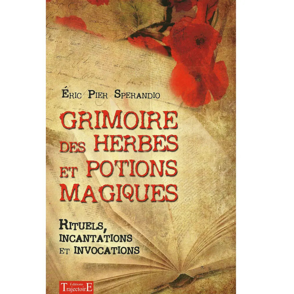 Couverture du Grimoire des herbes et potions magiques au fond parcheminé orné de fleurs rouges.