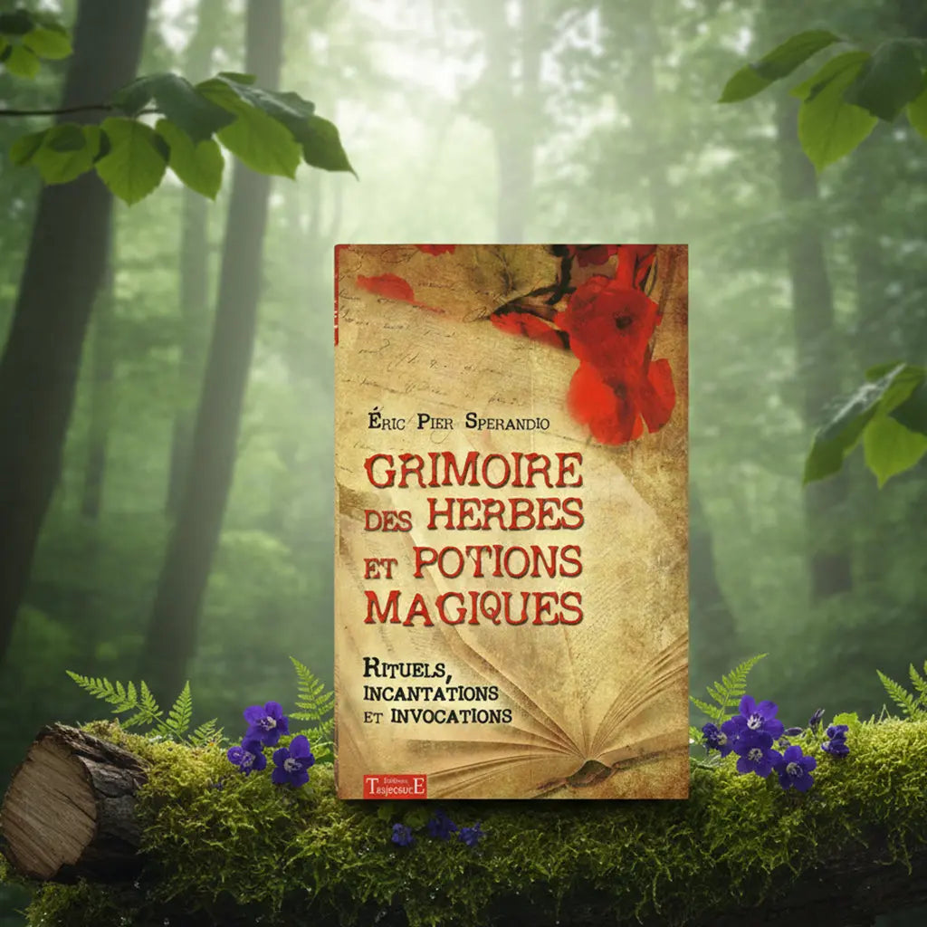 Livre ancien Grimoire des Herbes et Potions Magiques d'Eric Pier Sperandio posé sur une souche, illustré de pavots rouges et de pages vieillies.