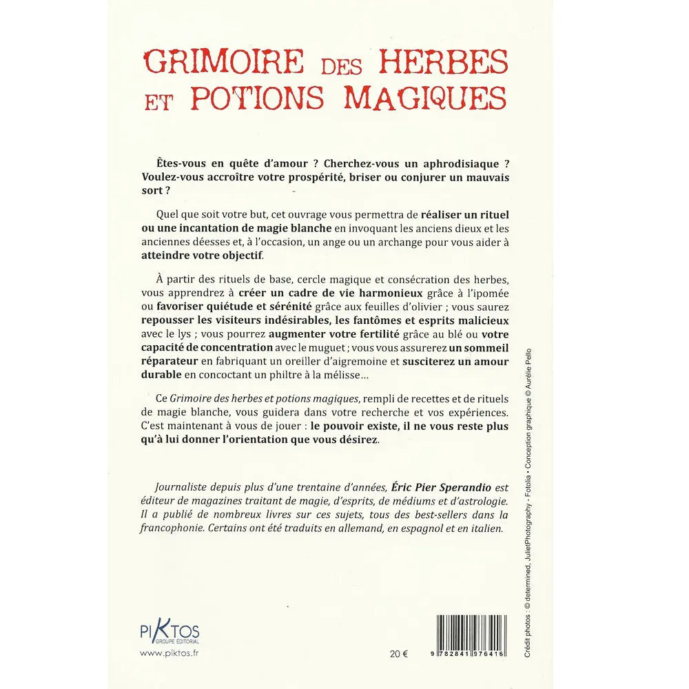 Quatrième de couverture du Grimoire des herbes et potions magiques avec résumé et code-barres.