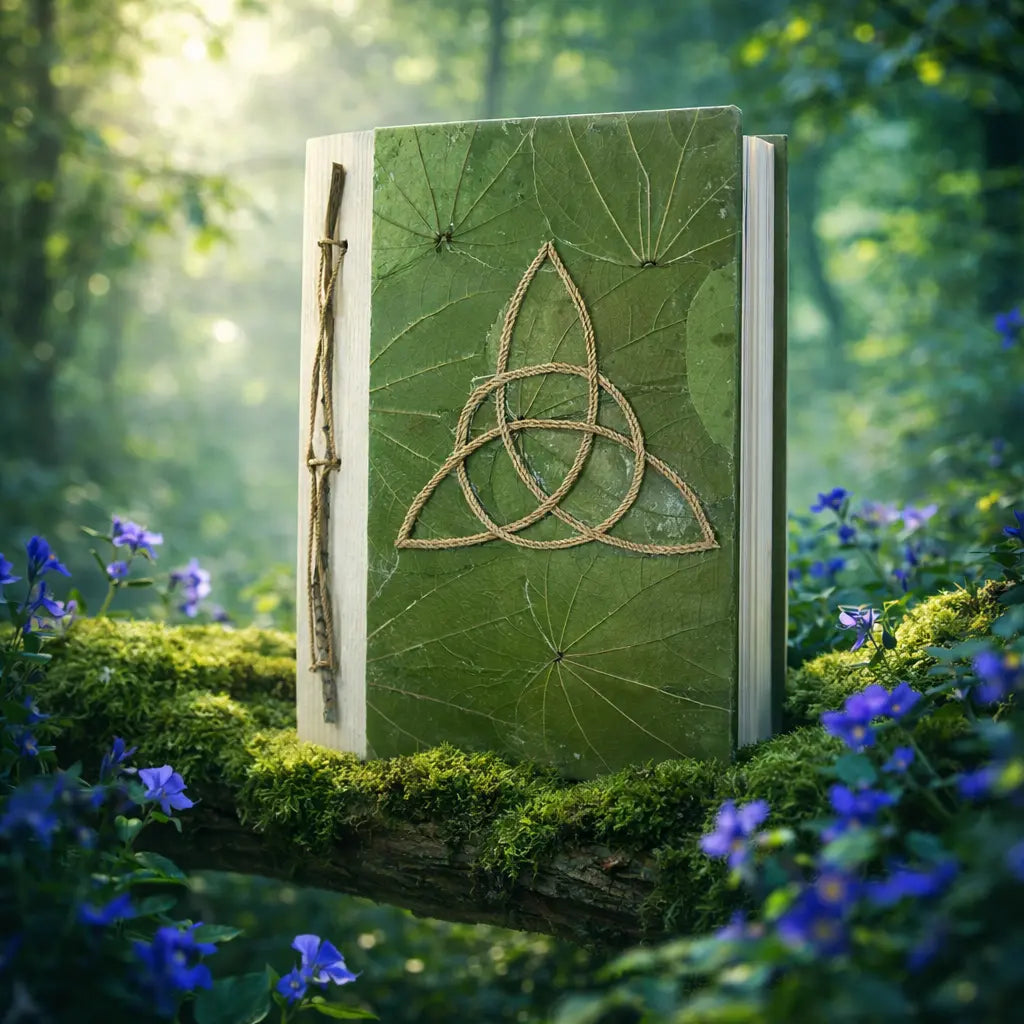 L'énergie de la forêt protège vos écrits magiques. Le Grimoire - Livre des Ombres Nature, orné de son symbole Triquetra et de véritables feuilles, ancre vos rituels avec puissance.