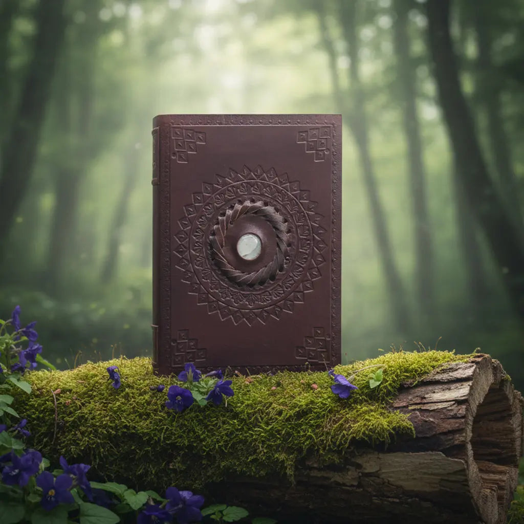 Grimoire en Cuir Artisanal - Pierre de Lune avec motifs en relief, posé sur un tronc moussu entouré de fleurs violettes dans une forêt brumeuse.