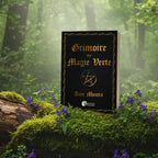 Livre noir et or Grimoire de Magie Verte d'Ann Moura posé sur une souche, orné d'un pentagramme sacré et d'une typographie gothique.