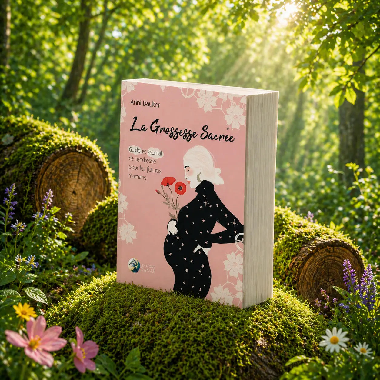 Couverture du livre La Grossesse Sacrée montrant une femme enceinte sereine, de profil, entourée de fleurs et de motifs naturels colorés sur un fond beige.