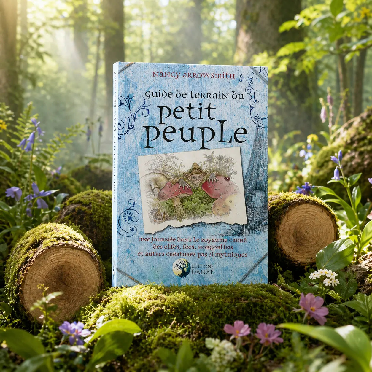 Couverture bleue texturée du Guide de Terrain du Petit Peuple par Nancy Arrowsmith, illustrée d'un elfe malicieux caché entre deux champignons.