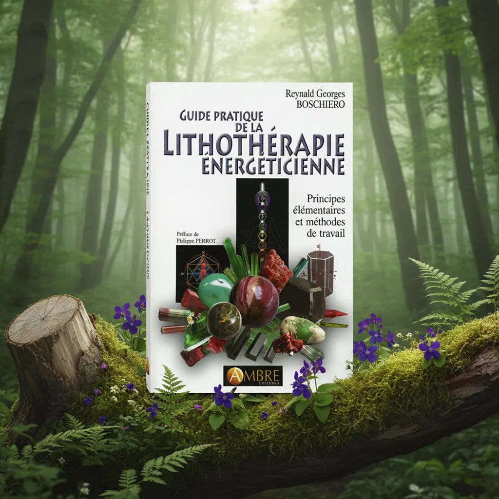 Livre blanc Guide Pratique de la Lithothérapie Energéticienne de Reynald Georges Boschiero posé sur une branche moussue, illustré d'un amas de pierres colorées, d'un schéma des chakras et de formes géométriques.