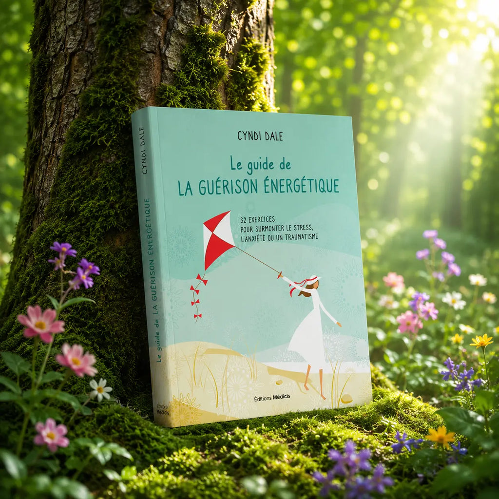 Livre Le Guide de la Guérison Energétique sur mousse sacrée au pied d'un arbre, entouré de fleurs violettes sous des rayons de soleil magiques.