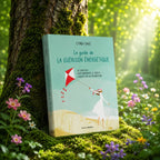Livre Le Guide de la Guérison Energétique sur mousse sacrée au pied d'un arbre, entouré de fleurs violettes sous des rayons de soleil magiques.