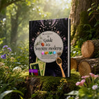 Livre relié Guide de la Sorcière Moderne de Luna Bailey, orné de motifs célestes violets, de cristaux colorés et de cartes de tarot sur fond sombre.