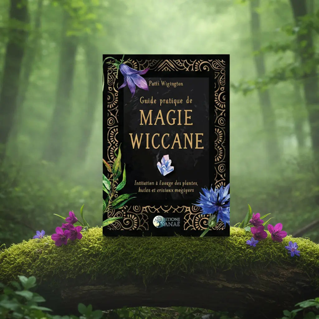 Livre noir et or Guide Pratique de Magie Wiccane de Patti Wigington posé sur une souche, illustré de motifs floraux et d'un cristal.