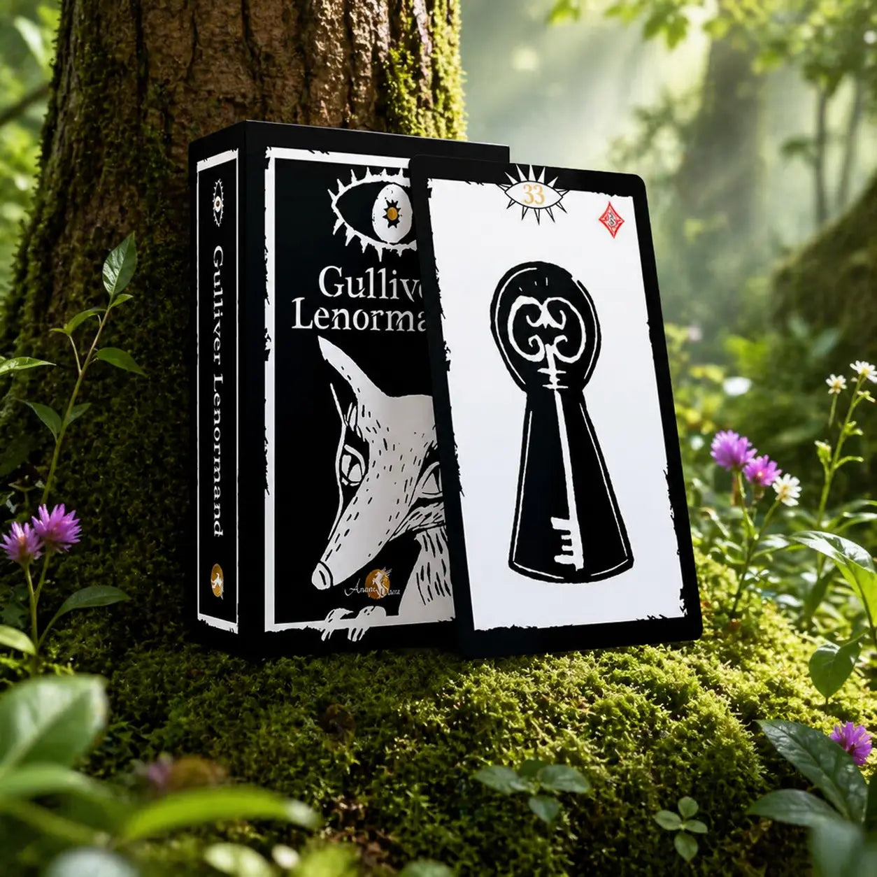 Coffret noir et blanc Gulliver Lenormand de Julie Lapierre posé dans la mousse, illustré par un renard stylisé et une carte représentant une serrure ancienne.