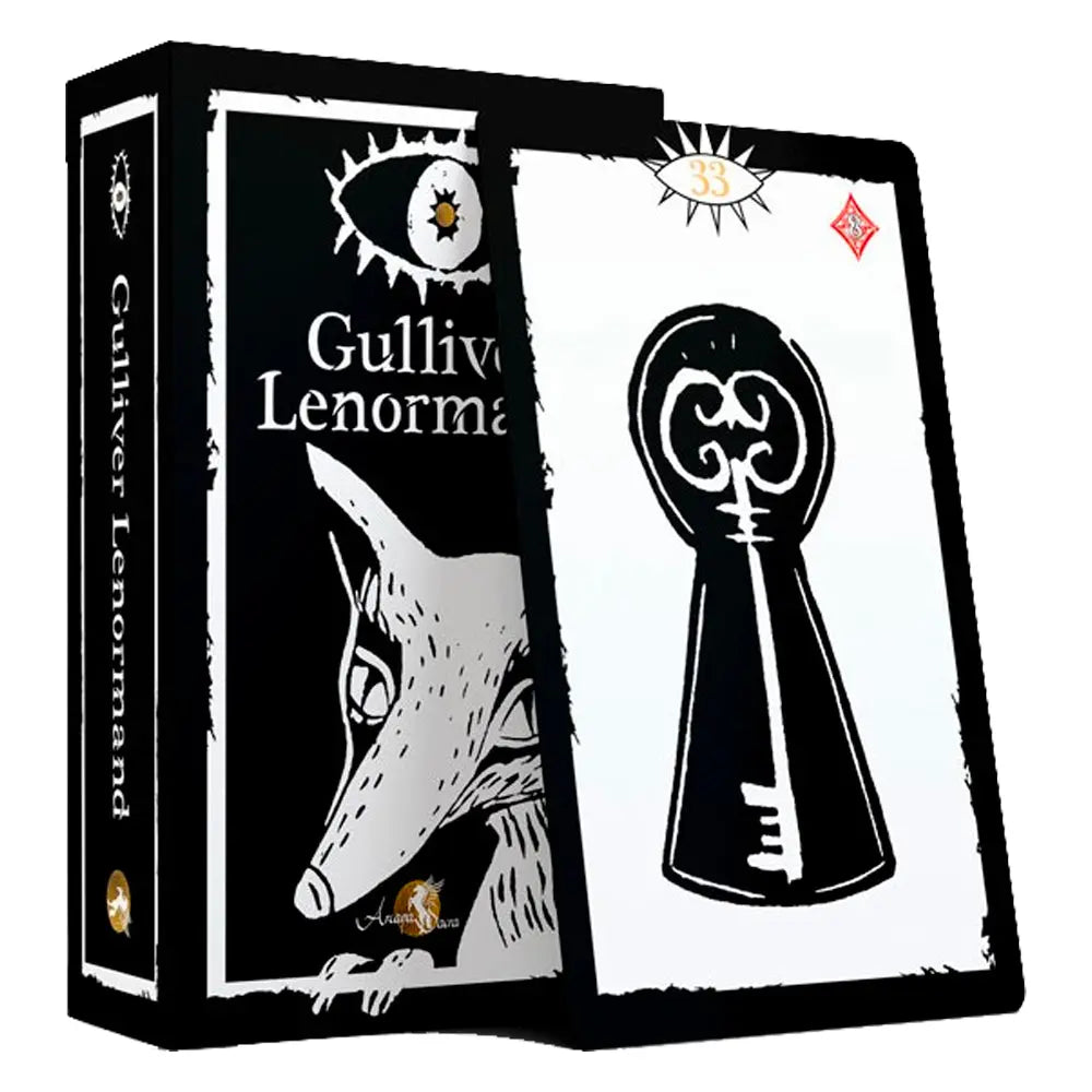 Boîtier et carte numéro 33 (La Clé) du jeu de tarot Gulliver Lenormand.