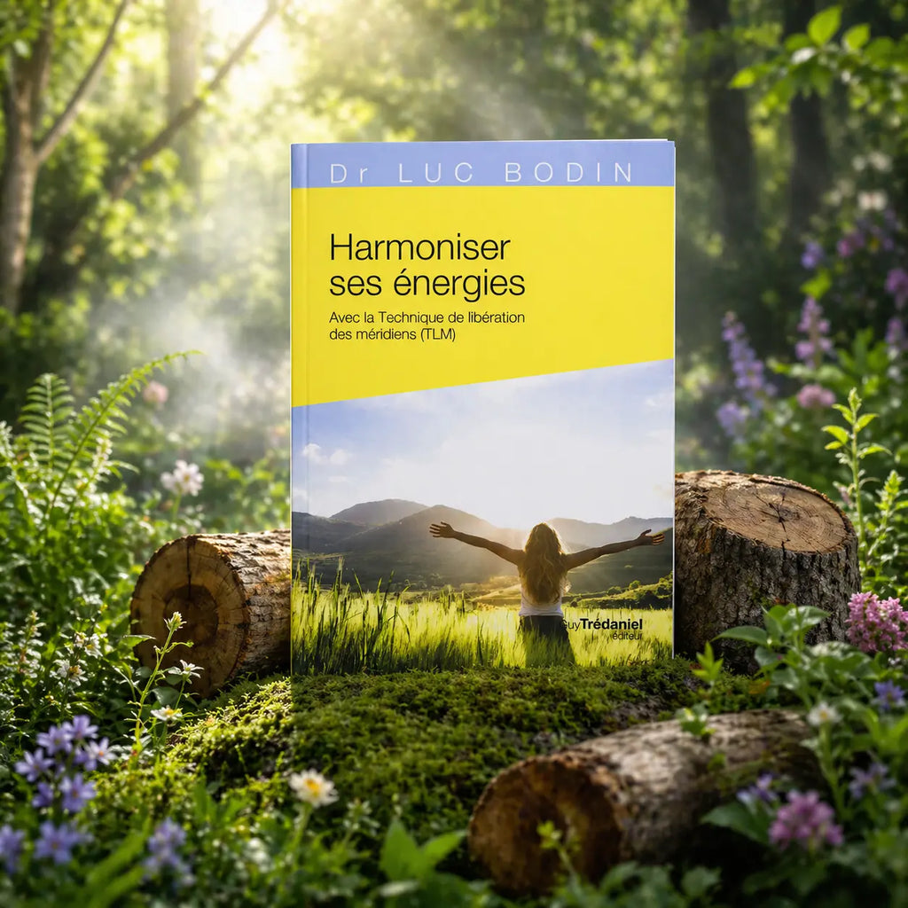 Livre Harmoniser ses Energies du Dr Luc Bodin montrant une femme les bras ouverts face à un paysage de montagnes et de champs baignés de soleil.