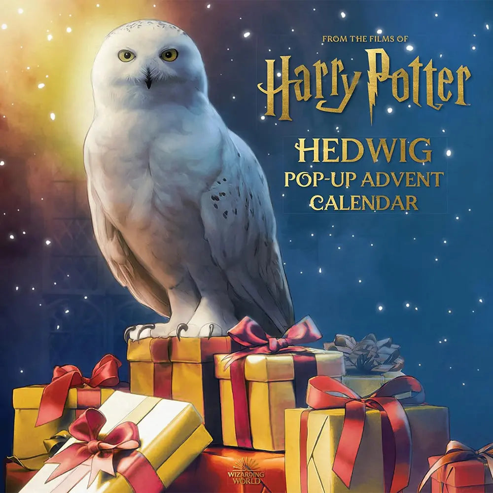 La couverture du calendrier de l'Avent pop-up Harry Potter, illustrant la chouette Hedwige perchée sur une pile de cadeaux dorés aux rubans rouges, sur un fond bleu étoilé rappelant l'univers de la saga.
