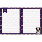 Harry Potter - Mon journal secret de sorcière, une double-page intérieure lignée pour écrire ses secrets, marquée d'un onglet « TOP secret », décorée de motifs de lorgnospectres sur fond violet et illustrée d'une petite photo de Luna Lovegood tenant sa baguette magique.