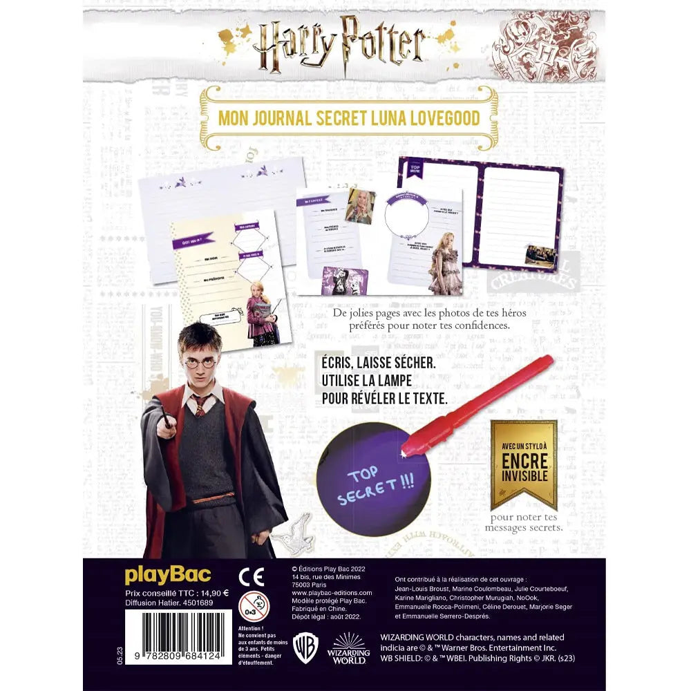 Mon journal secret Luna Lovegood : quatrième de couverture avec Harry Potter, aperçu des pages et démo du stylo à encre invisible.